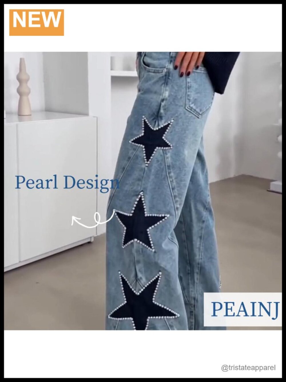 Baggy Cute Pearl Denim Jeans High Waisted Loose Grunge Aesthetic Pants - Picture 5 of 5
